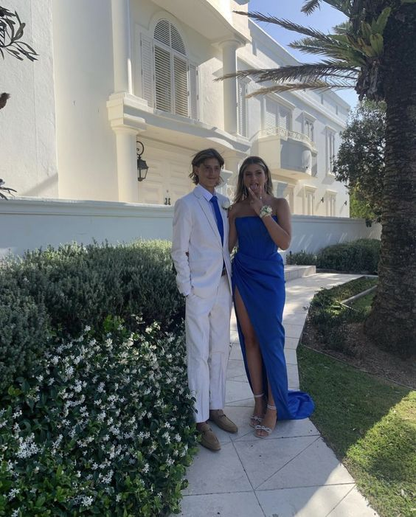 Robe de bal élégante sans bretelles, bleu roi, fendue, robe de soirée J3778
