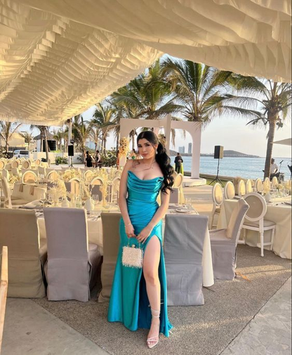 Robe de bal sirène sans bretelles bleue fendue, tenue d'anniversaire J3784