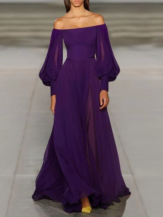 Elegant Tube Top Purple Lantern Sleeve Chiffon Dress J3803