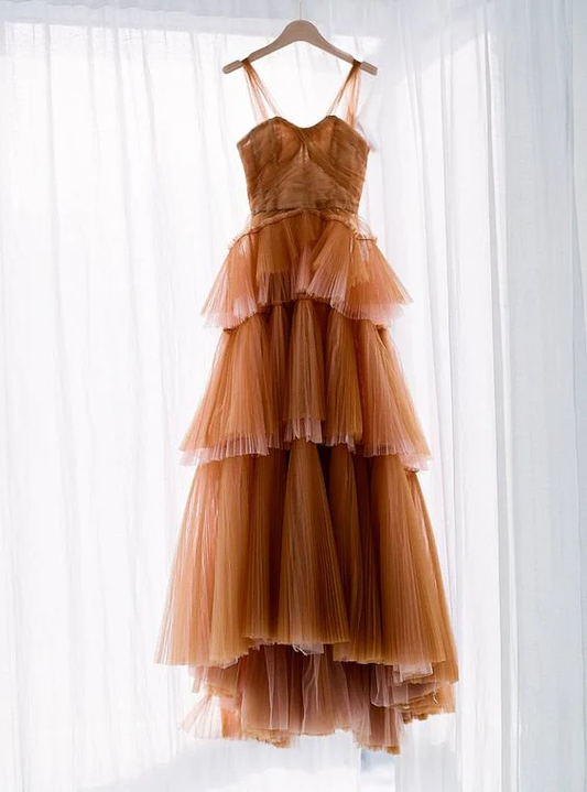 Brown Tulle Long Prom Dress A Line Evening Dress J3807