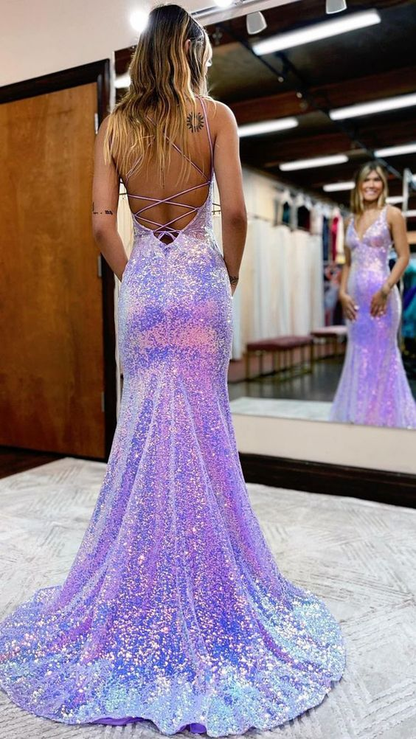 Mermaid V Neck Light Purple Sequins Long Prom Dress Sparkly Evening Gown J3808