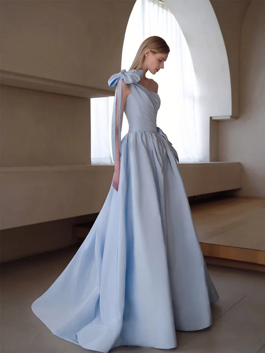 A line Sky Blue Party Dresses Long One Shoulder Prom Dresses J3826