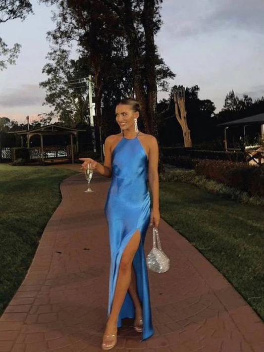 Sheath Blue Slit Long Prom Dresses Evening Party Gown J3835