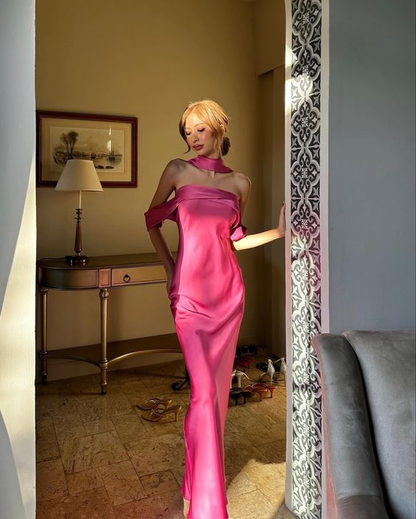 Robe de bal longue fourreau en satin de soie rose vif J3836