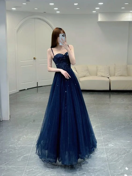 Elegant A line Tulle Navy Blue Prom Dresses Formal Evening Dress J3841