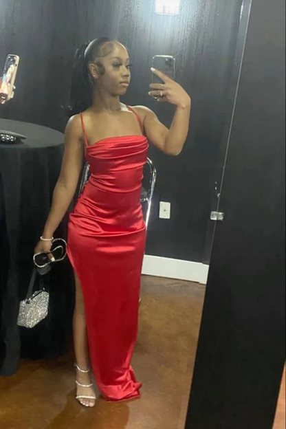 Robe fourreau rouge longue fendue pour bal d'anniversaire J3848