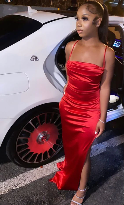Robe fourreau rouge longue fendue pour bal d'anniversaire J3848