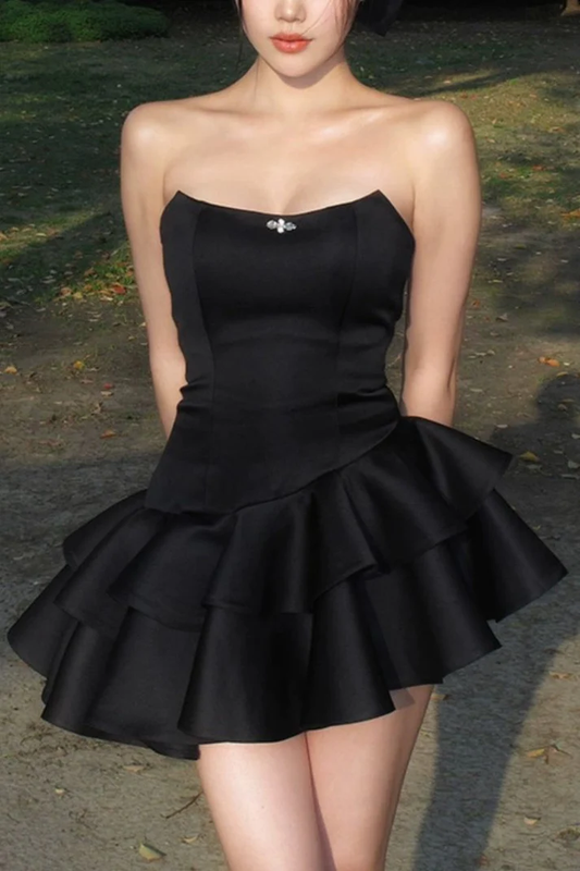 Strapless Black Satin Short Prom Dresses  Layered Homecoming Dresses J3853