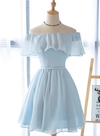 Robe de demoiselle d'honneur courte bleu clair, robe de soirée simple J3872