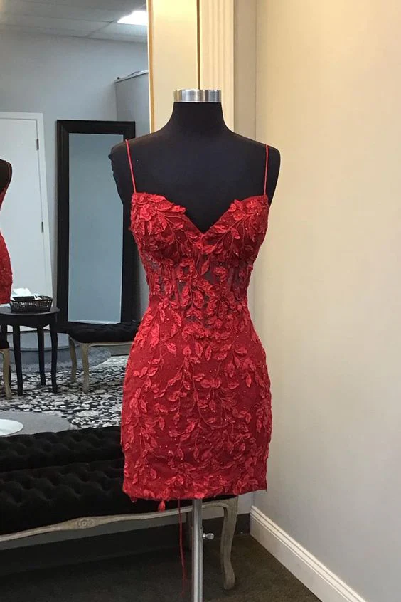 Red Homecoming DressShort Mini Dress With Appliques J3882