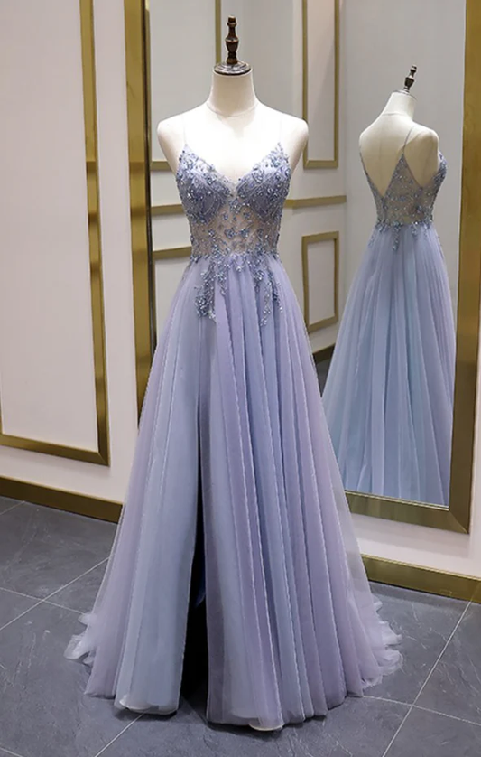 A Line Spaghetti Straps Long Prom Dresses Lavender Evening Party Dresses J3810