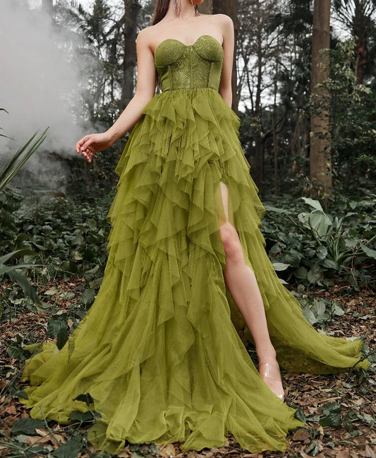 Strapless Green Lace Prom Dress Ruffle A Line Evening Gown J3811