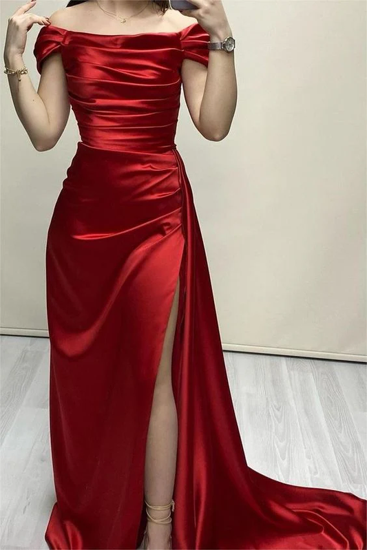 Off The Shoulder Red Evening Dress With Slit Long Prom Dress J3814