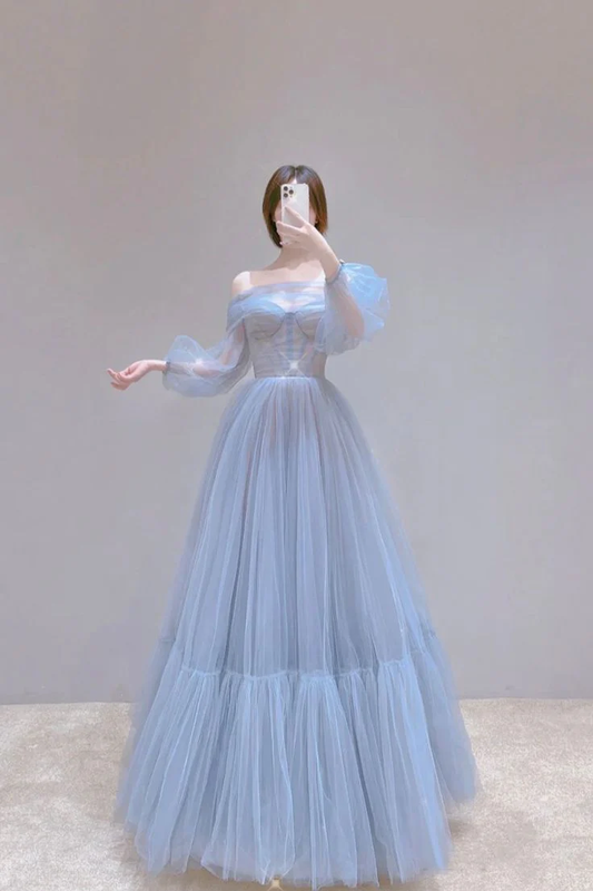 A Lline Blue Tulle Long Prom Dress Long Sleeve Tulle Evening Dress J3816