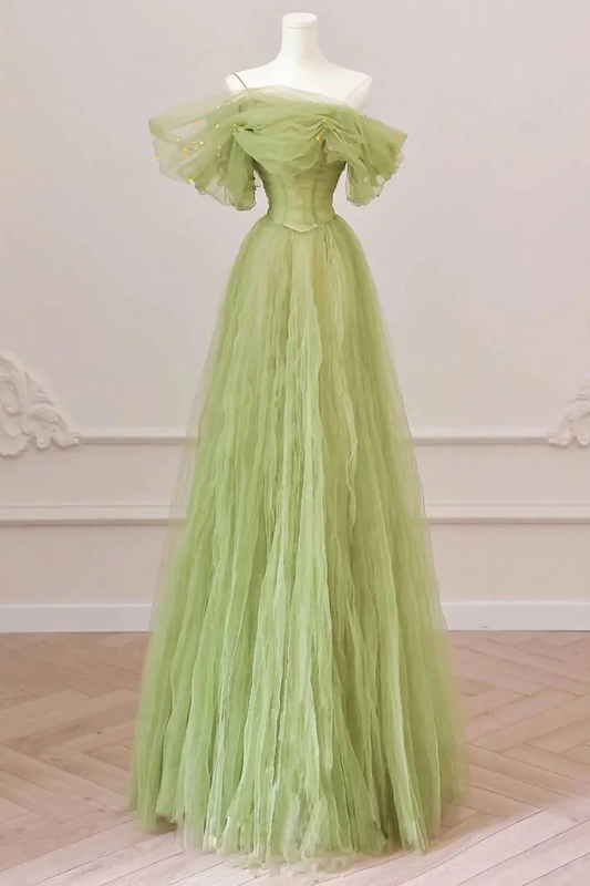 Off the Shoulder Green Tulle Long Prom Dresses Formal Evening Dresses J3813