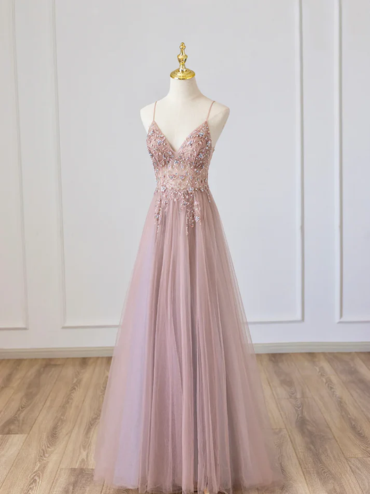 Pink V Neck Tulle Long Prom Dress Beaded A Line Evening Gown J3822