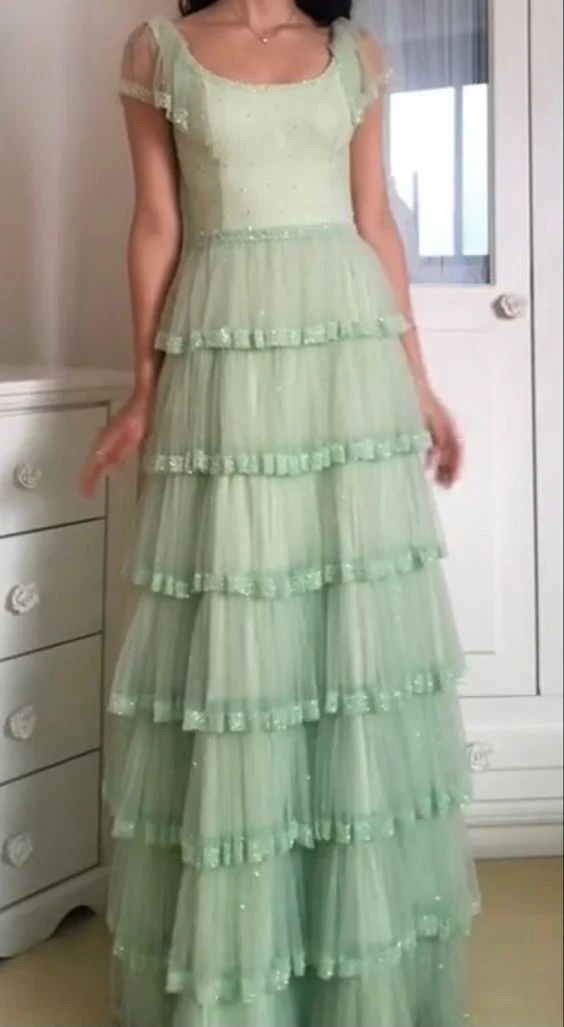 A Line Green Tulle Layered Prom Drsss J3944