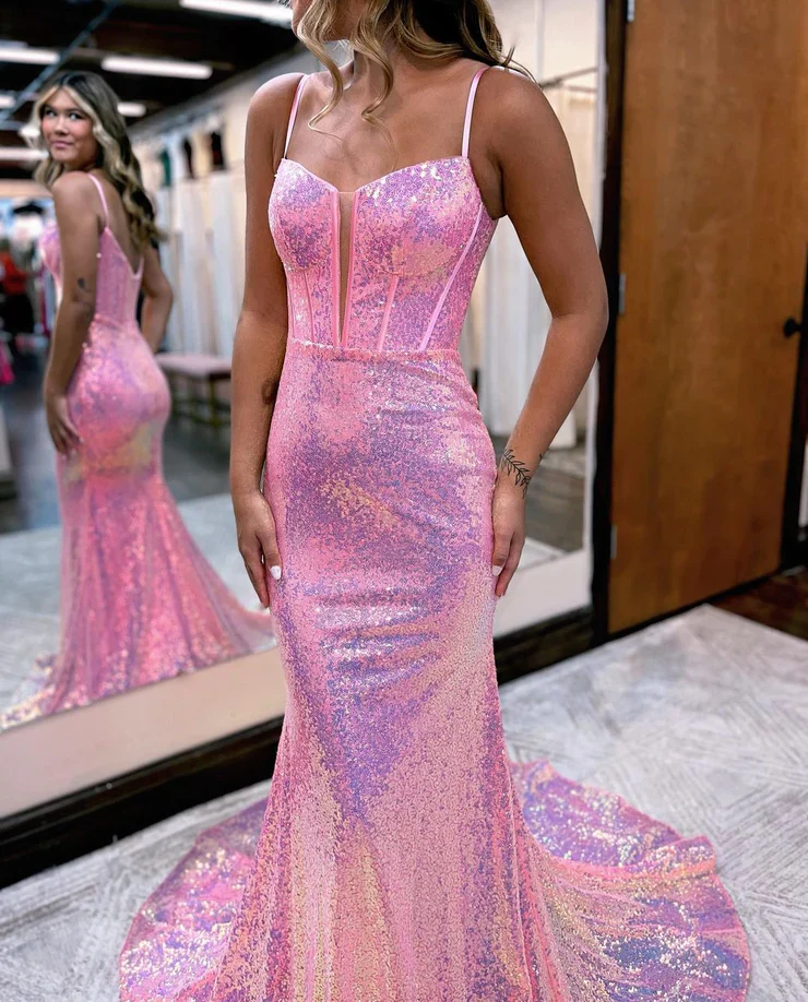 Sparkly Mermaid Sweetheart Pink Sequins Long Prom Dresses J3946