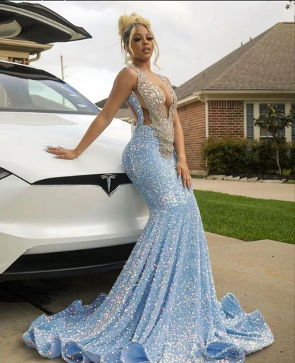 Robe de soirée longue sirène à paillettes bleues scintillantes J3947