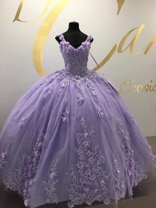 Lavender Tulle Lace Long Prom Dress Formal Birthday Party Ball Gown J3949