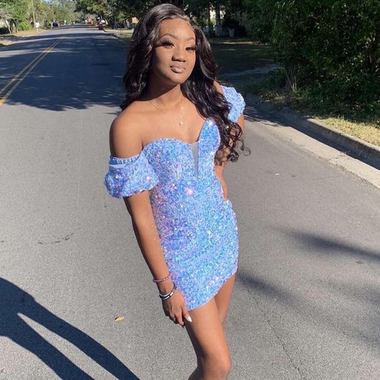 Off The Shoulder Blue Sequin Homecoming Dresses J3953