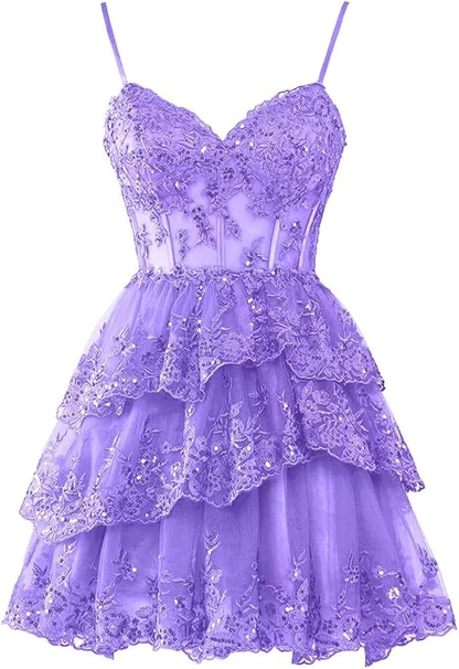 Lavendel Spitze Homecoming Kleider Lagen A-Linie Kurzes Minikleid J3955