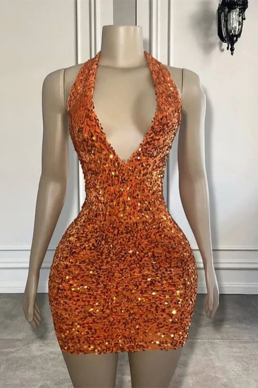 Halter V Neck Sequins Homecoming Dress Sparkly Short Dress J3956