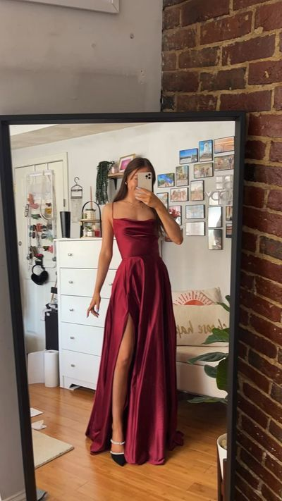 Burgundy Long Prom Dresses Satin A Line Evening Gown With Slit J3962