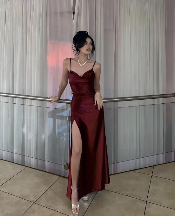 Burugndy Spaghetti Straps Long Prom Dress With Side Slit J3963