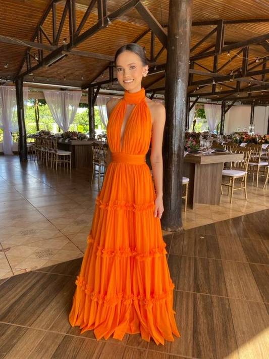 Orange Chiffon Elegant Long  Evening Dress Prom  Party Dress J3978