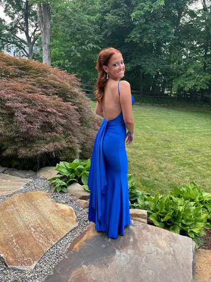 Robe de soirée longue bleue élégante style sirène J3981