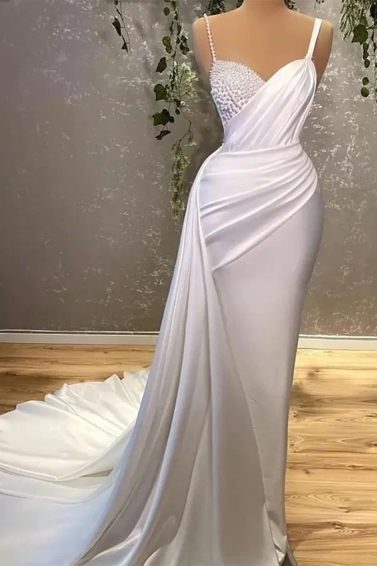 White Elegant Sheath Evening Dress Spaghetti Strapwedding Dress J3993