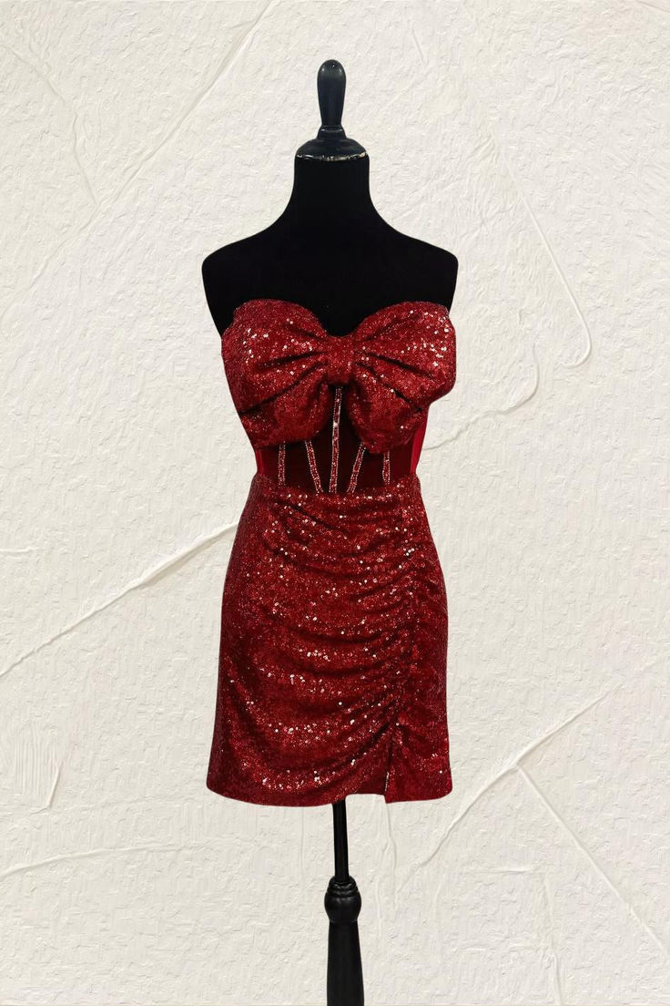 Red Bow Sequin Tight Short Party Dress Homecoming Gown J3995