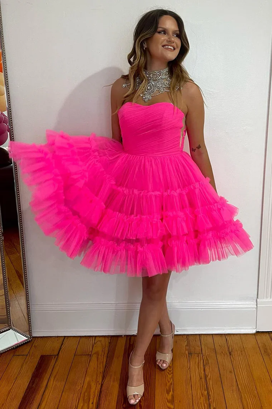 Strapless A Line Hot Pink Tulle Homecoming Dresses  J4034