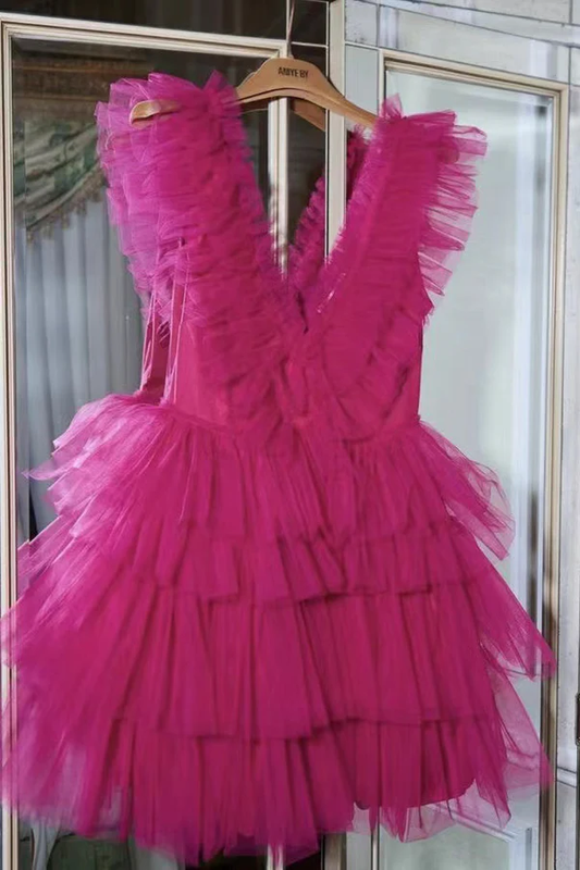 Hot Pink Short Homecoming Dress Mini Tulle Prom Dress J4036