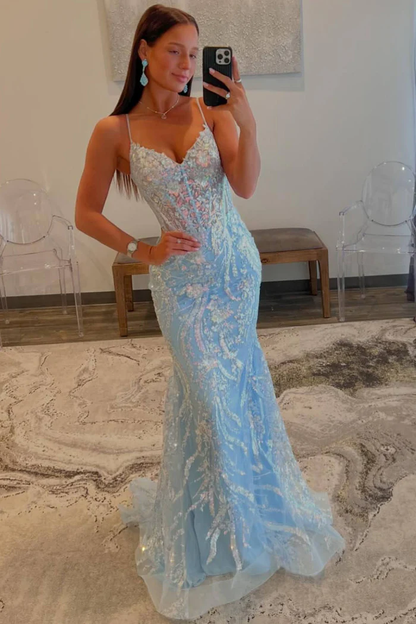 Robe de bal sirène bleu clair à col en V et paillettes appliquées J4054