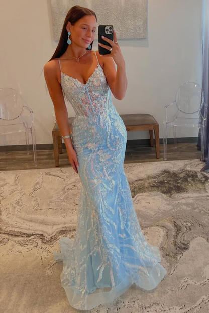 Robe de bal sirène bleu clair à col en V et paillettes appliquées J4054