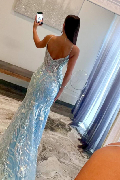 Robe de bal sirène bleu clair à col en V et paillettes appliquées J4054