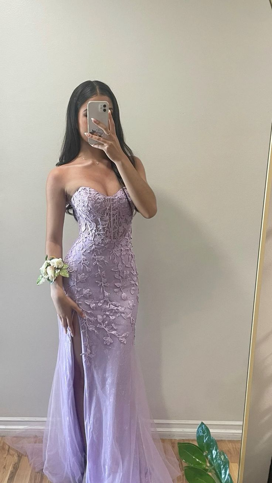 Applique Strapless Mermaid Long Prom Dress Lace Slit Lavender Dress J4073