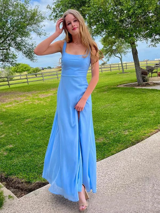 Elegant Blue Square Neck Long Party Prom Dresses Evening Dress J4083