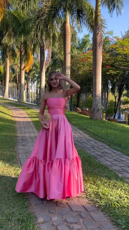 Robe de bal longue bustier coupe trapèze rose vif J4090