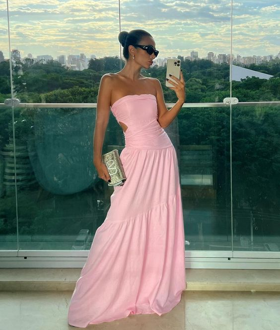 Strapless A Line Pink Long Prom Dress Formal Party Gown J4091