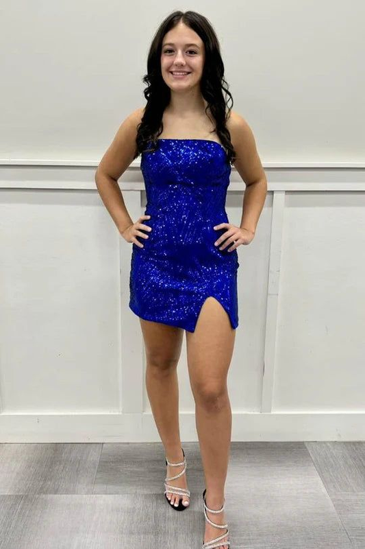 Royal Blue Sequin Strapless Homecoming Dresses J4099