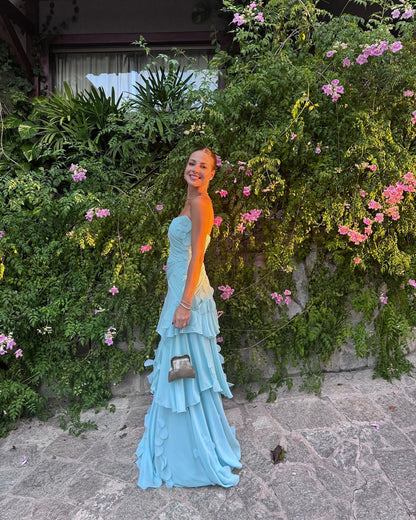 Robe de bal longue bleue bustier à volants, coupe trapèze, robe de soirée formelle J4123