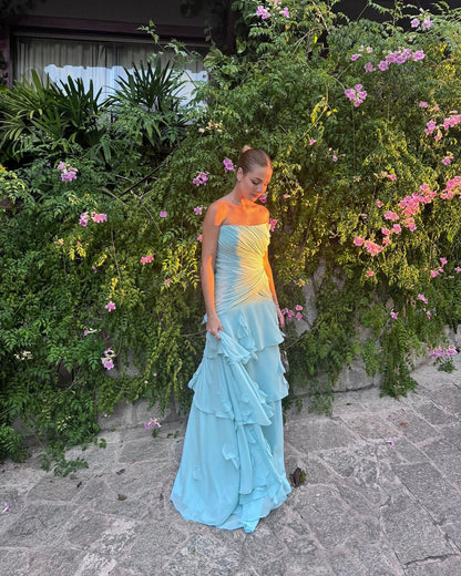Robe de bal longue bleue bustier à volants, coupe trapèze, robe de soirée formelle J4123
