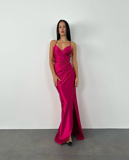 Robe de soirée longue fourreau rose vif J4124