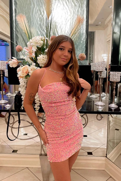 Pink Sequin Sheath Short Prom Dress Homecoming Gown J4164