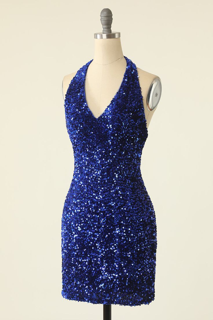 Royal Blue Sequin Halter Backless Short Homecoming Dress  J4173