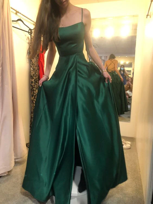 A Line Green Satin Long Prom Dresses Formal Party Dress  J4181