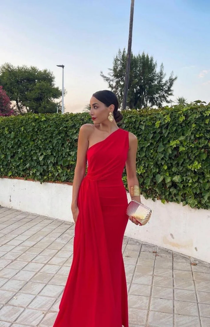 Robe de soirée rouge asymétrique, élégante robe de bal sirène J4182